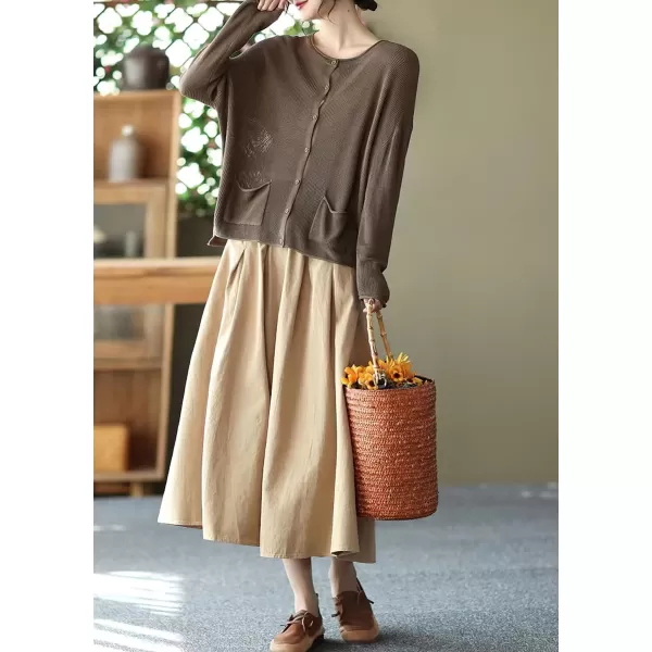 imagechouyatou Womens Casual Elegant Loose Baggy Elastic High Waist A Line Flare Midi Cotton SkirtKhaki
