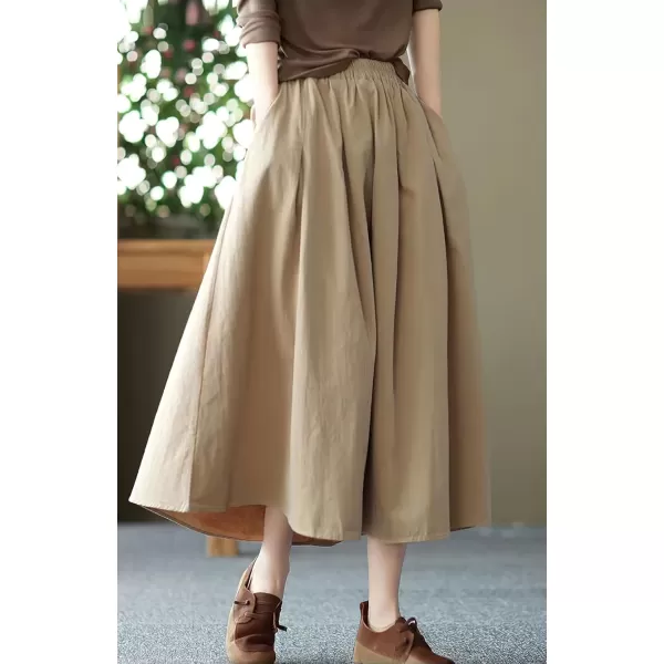 imagechouyatou Womens Casual Elegant Loose Baggy Elastic High Waist A Line Flare Midi Cotton SkirtKhaki