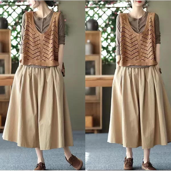 imagechouyatou Womens Casual Elegant Loose Baggy Elastic High Waist A Line Flare Midi Cotton SkirtKhaki