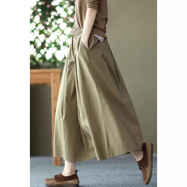 imagechouyatou Womens Casual Elegant Loose Baggy Elastic High Waist A Line Flare Midi Cotton SkirtOlive Green