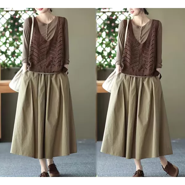 imagechouyatou Womens Casual Elegant Loose Baggy Elastic High Waist A Line Flare Midi Cotton SkirtOlive Green