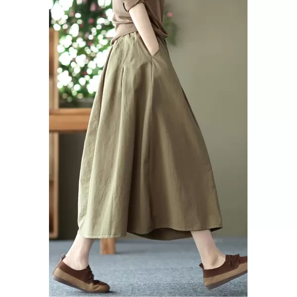 imagechouyatou Womens Casual Elegant Loose Baggy Elastic High Waist A Line Flare Midi Cotton SkirtOlive Green
