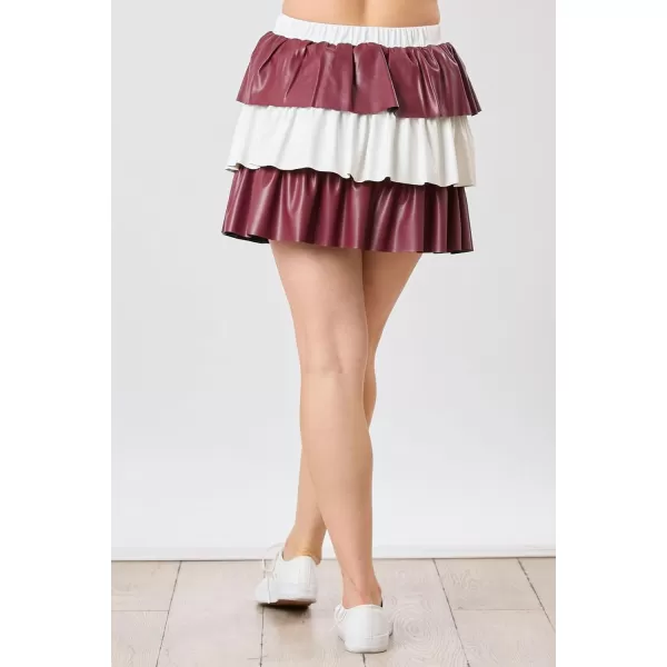 imagechouyatou Womens Color Block Pu Faux Leather Pleated Mini Skirt Sexy High Elastic Waist ALine Tiered SkirtBrown and White