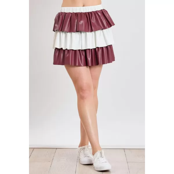 imagechouyatou Womens Color Block Pu Faux Leather Pleated Mini Skirt Sexy High Elastic Waist ALine Tiered SkirtBrown and White