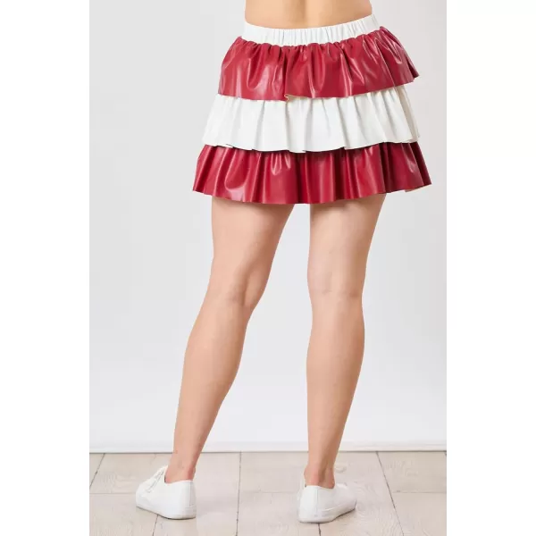 imagechouyatou Womens Color Block Pu Faux Leather Pleated Mini Skirt Sexy High Elastic Waist ALine Tiered SkirtRed and White