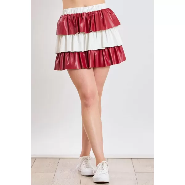 imagechouyatou Womens Color Block Pu Faux Leather Pleated Mini Skirt Sexy High Elastic Waist ALine Tiered SkirtRed and White