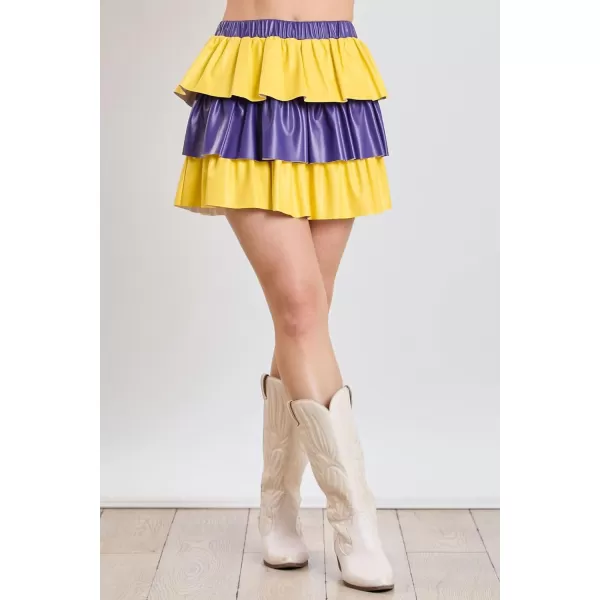imagechouyatou Womens Color Block Pu Faux Leather Pleated Mini Skirt Sexy High Elastic Waist ALine Tiered SkirtYellow and Blue