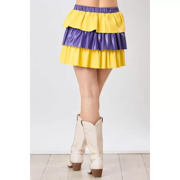 imagechouyatou Womens Color Block Pu Faux Leather Pleated Mini Skirt Sexy High Elastic Waist ALine Tiered SkirtYellow and Blue