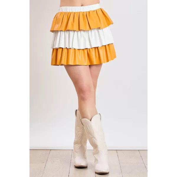 imagechouyatou Womens Color Block Pu Faux Leather Pleated Mini Skirt Sexy High Elastic Waist ALine Tiered SkirtYellow and White