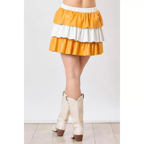 imagechouyatou Womens Color Block Pu Faux Leather Pleated Mini Skirt Sexy High Elastic Waist ALine Tiered SkirtYellow and White