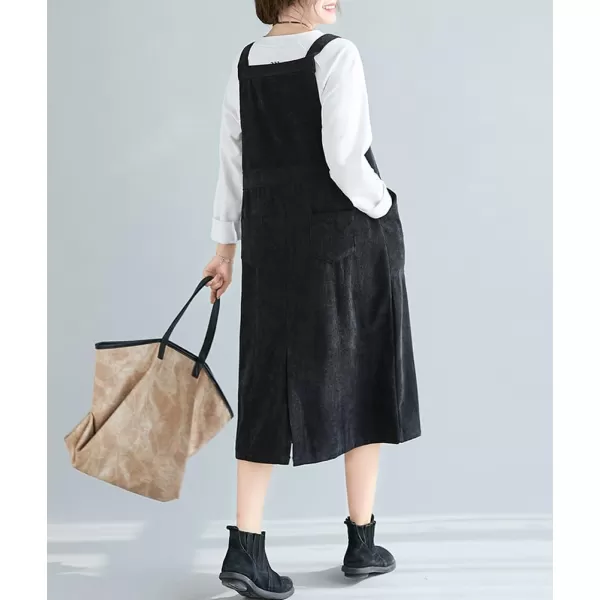 imagechouyatou Womens Corduroy Suspender Strap Bib Overall Midi Dress Cute A Line Pinafore Long Dress SkirtBlack