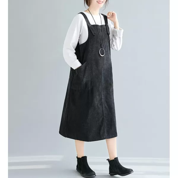 imagechouyatou Womens Corduroy Suspender Strap Bib Overall Midi Dress Cute A Line Pinafore Long Dress SkirtBlack