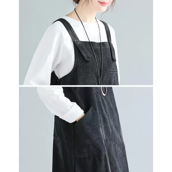 imagechouyatou Womens Corduroy Suspender Strap Bib Overall Midi Dress Cute A Line Pinafore Long Dress SkirtBlack