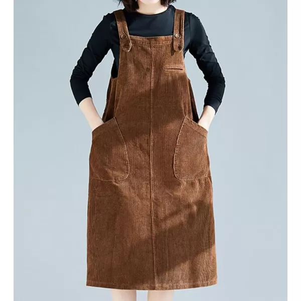 imagechouyatou Womens Corduroy Suspender Strap Bib Overall Midi Dress Cute A Line Pinafore Long Dress SkirtBrown