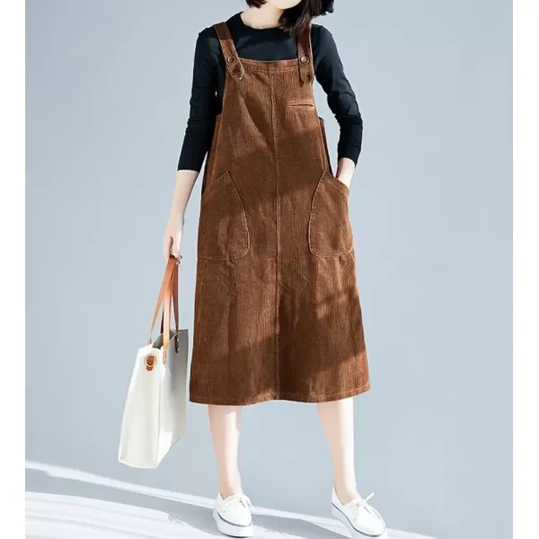 imagechouyatou Womens Corduroy Suspender Strap Bib Overall Midi Dress Cute A Line Pinafore Long Dress SkirtBrown