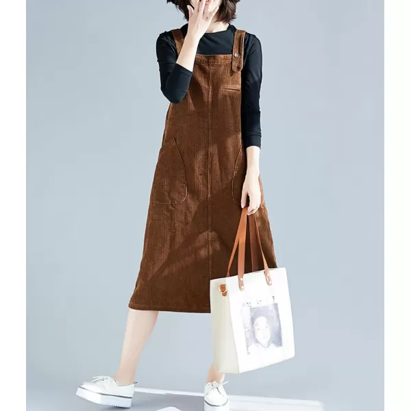 imagechouyatou Womens Corduroy Suspender Strap Bib Overall Midi Dress Cute A Line Pinafore Long Dress SkirtBrown