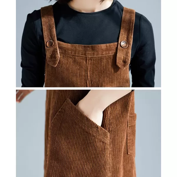 imagechouyatou Womens Corduroy Suspender Strap Bib Overall Midi Dress Cute A Line Pinafore Long Dress SkirtBrown