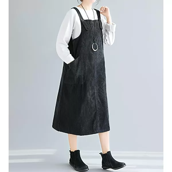 imagechouyatou Womens Cute Sleeveless Corduroy Overall Dress Jumper Midi Babydoll Tank Dress with PocketBlack