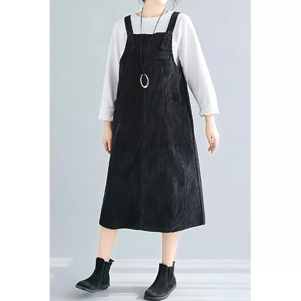 imagechouyatou Womens Cute Sleeveless Corduroy Overall Dress Jumper Midi Babydoll Tank Dress with PocketBlack
