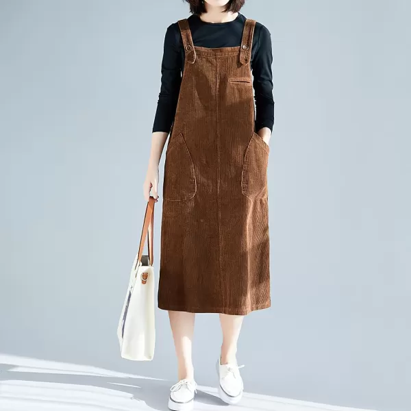 imagechouyatou Womens Cute Sleeveless Corduroy Overall Dress Jumper Midi Babydoll Tank Dress with PocketBrown