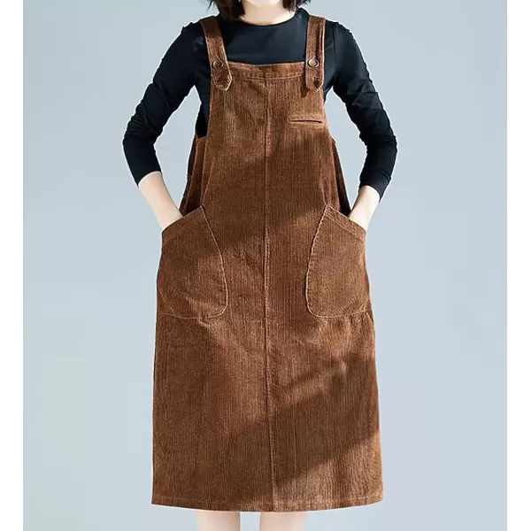 imagechouyatou Womens Cute Sleeveless Corduroy Overall Dress Jumper Midi Babydoll Tank Dress with PocketBrown