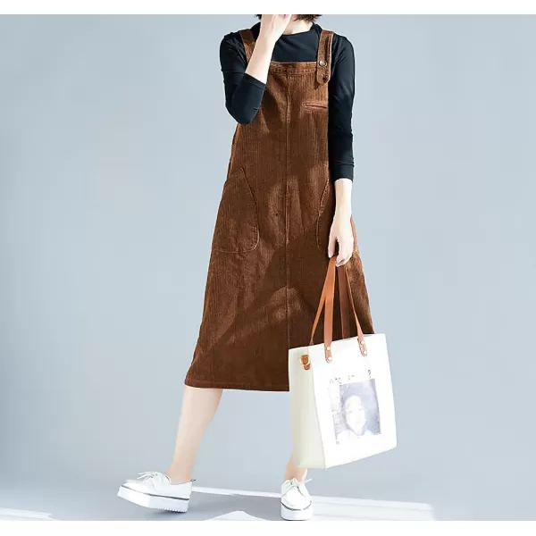 imagechouyatou Womens Cute Sleeveless Corduroy Overall Dress Jumper Midi Babydoll Tank Dress with PocketBrown
