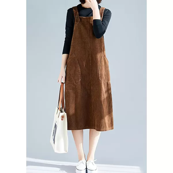 imagechouyatou Womens Cute Sleeveless Corduroy Overall Dress Jumper Midi Babydoll Tank Dress with PocketBrown