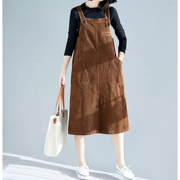 imagechouyatou Womens Cute Sleeveless Corduroy Overall Dress Jumper Midi Babydoll Tank Dress with PocketBrown