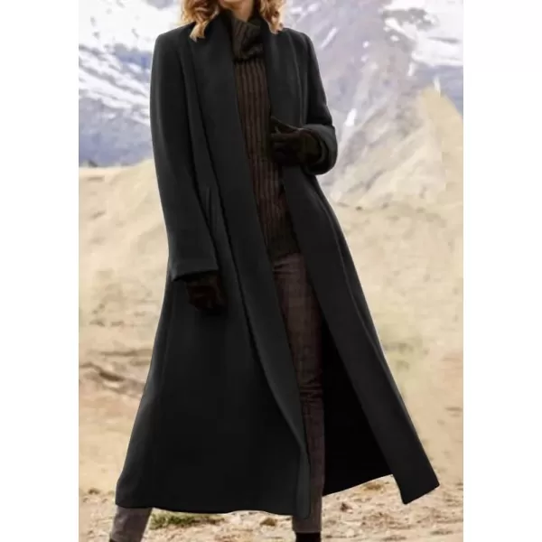 imagechouyatou Womens Elegant Shawl Collar Open Front Wool Coat Formal Work Mid Long Winter Pea CoatBlack