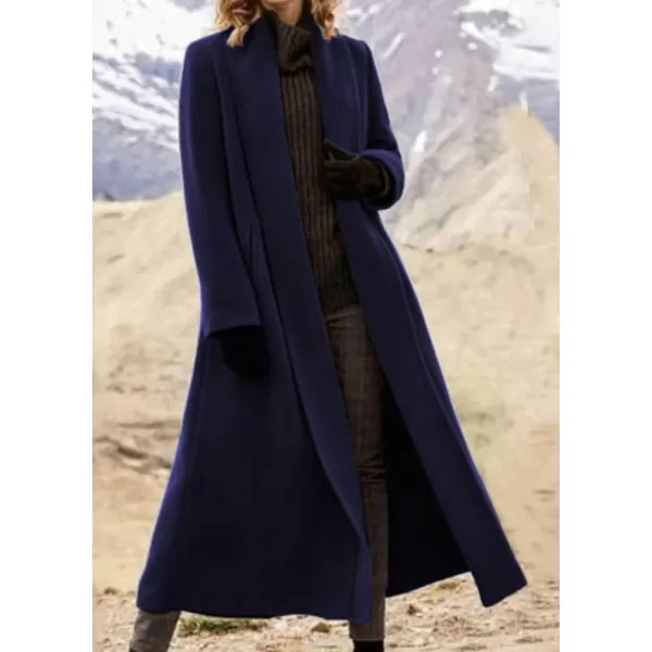 imagechouyatou Womens Elegant Shawl Collar Open Front Wool Coat Formal Work Mid Long Winter Pea CoatDark Blue