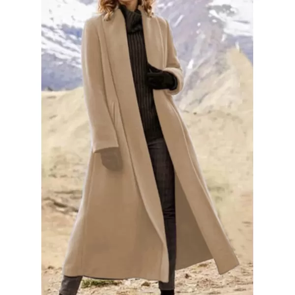 imagechouyatou Womens Elegant Shawl Collar Open Front Wool Coat Formal Work Mid Long Winter Pea CoatKhaki