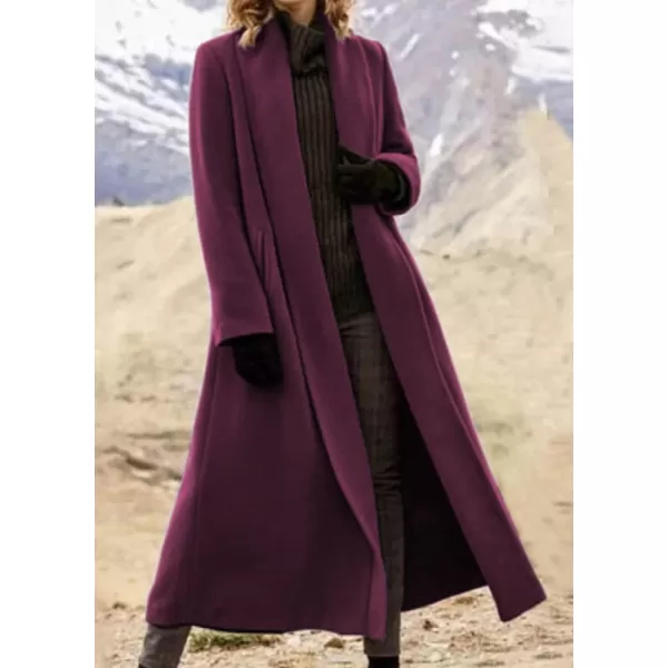 imagechouyatou Womens Elegant Shawl Collar Open Front Wool Coat Formal Work Mid Long Winter Pea CoatPurple
