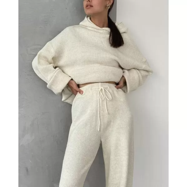 imagechouyatou Womens Fall 2 Piece Outfits Knit Sweater Sets Sweater Hoodie Wide Leg Pants Lounge SetsBeige