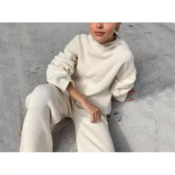 imagechouyatou Womens Fall 2 Piece Outfits Knit Sweater Sets Sweater Hoodie Wide Leg Pants Lounge SetsBeige