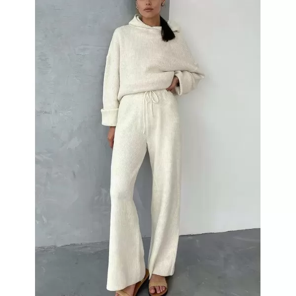 imagechouyatou Womens Fall 2 Piece Outfits Knit Sweater Sets Sweater Hoodie Wide Leg Pants Lounge SetsBeige