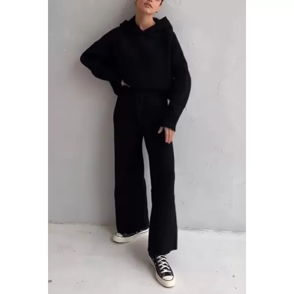imagechouyatou Womens Fall 2 Piece Outfits Knit Sweater Sets Sweater Hoodie Wide Leg Pants Lounge SetsBlack