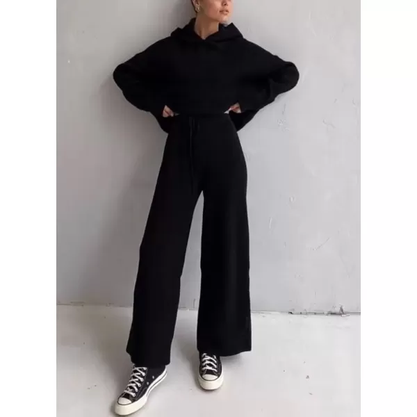 imagechouyatou Womens Fall 2 Piece Outfits Knit Sweater Sets Sweater Hoodie Wide Leg Pants Lounge SetsBlack
