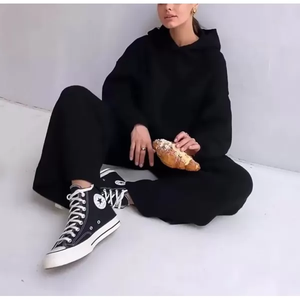 imagechouyatou Womens Fall 2 Piece Outfits Knit Sweater Sets Sweater Hoodie Wide Leg Pants Lounge SetsBlack