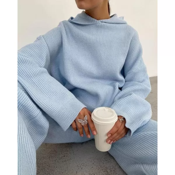 imagechouyatou Womens Fall 2 Piece Outfits Knit Sweater Sets Sweater Hoodie Wide Leg Pants Lounge SetsBlue