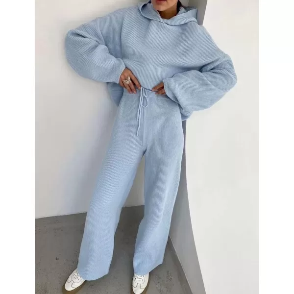 imagechouyatou Womens Fall 2 Piece Outfits Knit Sweater Sets Sweater Hoodie Wide Leg Pants Lounge SetsBlue