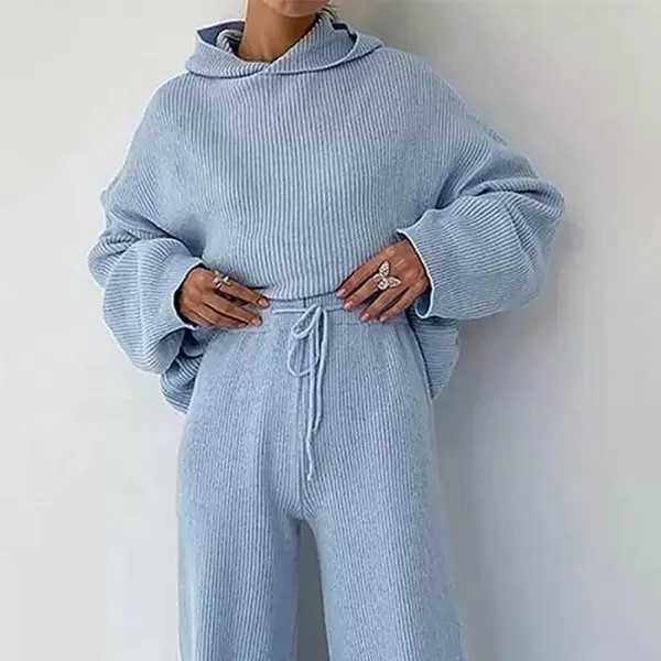 imagechouyatou Womens Fall 2 Piece Outfits Knit Sweater Sets Sweater Hoodie Wide Leg Pants Lounge SetsBlue