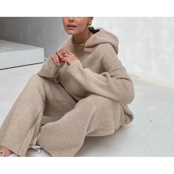 imagechouyatou Womens Fall 2 Piece Outfits Knit Sweater Sets Sweater Hoodie Wide Leg Pants Lounge SetsKhaki