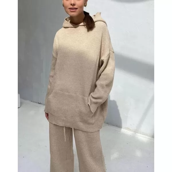 imagechouyatou Womens Fall 2 Piece Outfits Knit Sweater Sets Sweater Hoodie Wide Leg Pants Lounge SetsKhaki