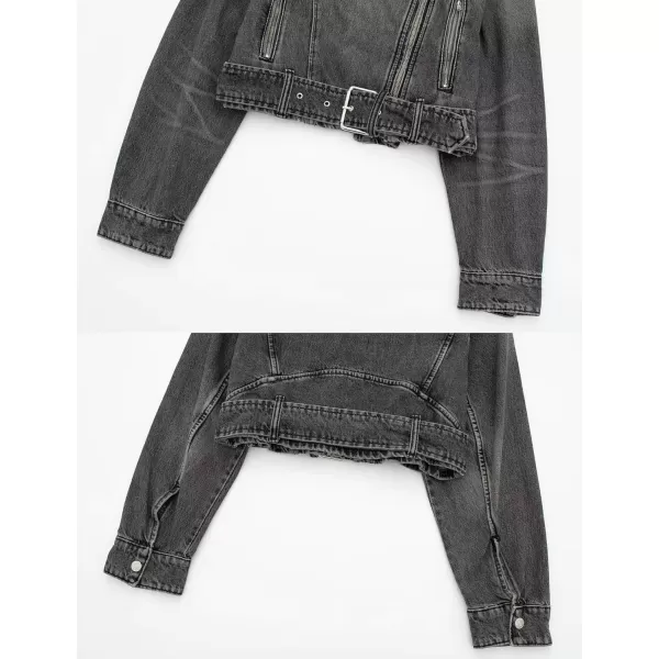 imagechouyatou Womens Fall Moto Biker Distressed Denim Jacket Boyfriend Casual Belted Short Jean JacketGrey