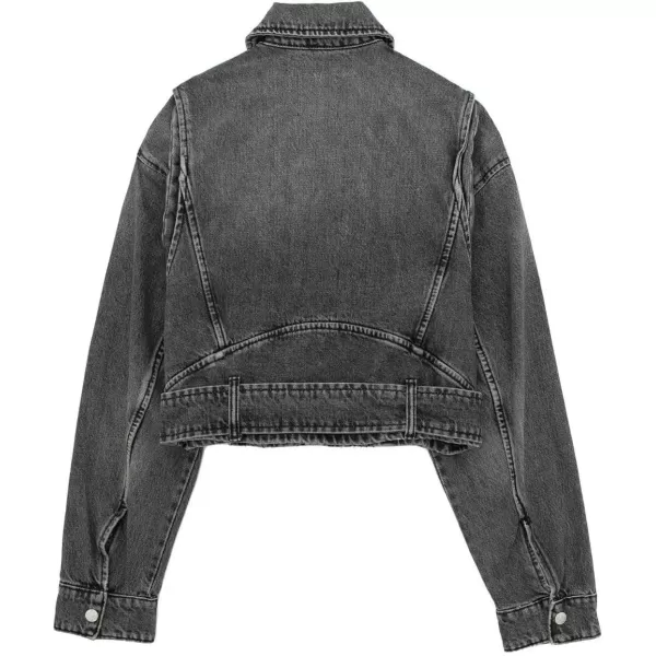 imagechouyatou Womens Fall Moto Biker Distressed Denim Jacket Boyfriend Casual Belted Short Jean JacketGrey
