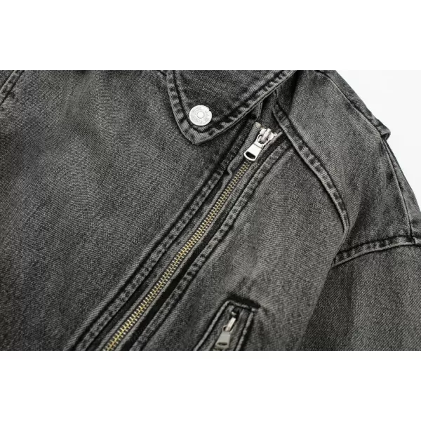 imagechouyatou Womens Fall Moto Biker Distressed Denim Jacket Boyfriend Casual Belted Short Jean JacketGrey