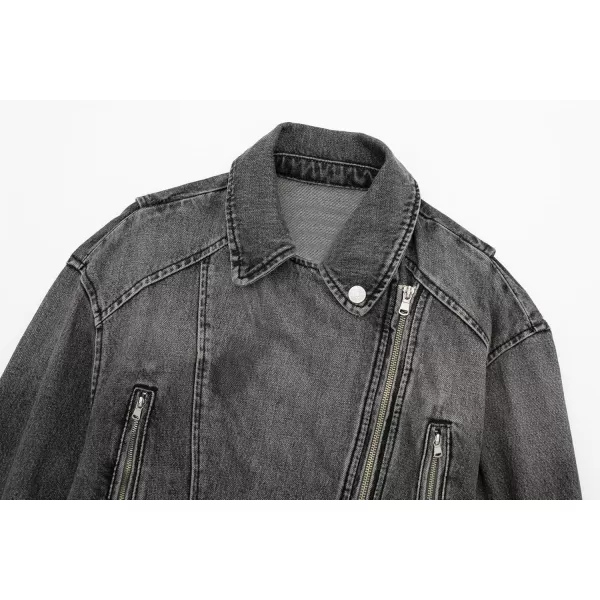 imagechouyatou Womens Fall Moto Biker Distressed Denim Jacket Boyfriend Casual Belted Short Jean JacketGrey