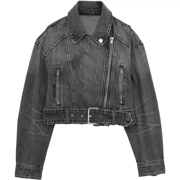 imagechouyatou Womens Fall Moto Biker Distressed Denim Jacket Boyfriend Casual Belted Short Jean JacketGrey