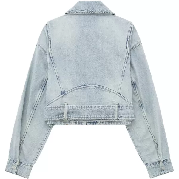 imagechouyatou Womens Fall Moto Biker Distressed Denim Jacket Boyfriend Casual Belted Short Jean JacketLight Blue