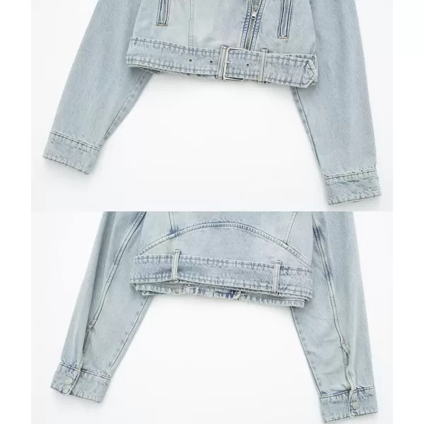 imagechouyatou Womens Fall Moto Biker Distressed Denim Jacket Boyfriend Casual Belted Short Jean JacketLight Blue